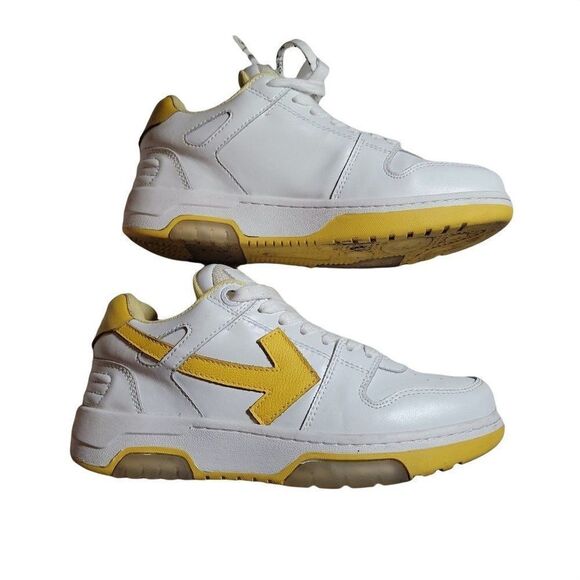 Off White Womens Out Of Office White Yellow Leather Lace Up Sneaker Shoes Sz 4.5